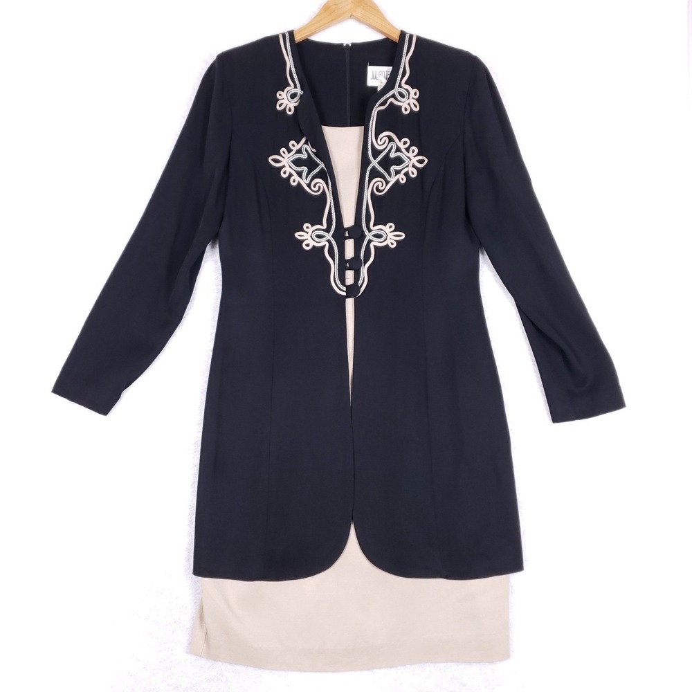 Julian Taylor New York Vintage Dress Black‎ Tan Soutache Mock Jacket Formal Sz L
